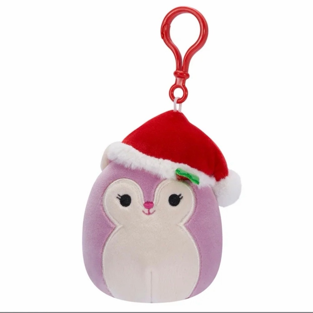 Squishmallows 3.5 inch Clip On Allina the Plum Squirrel Santa Hat Plush